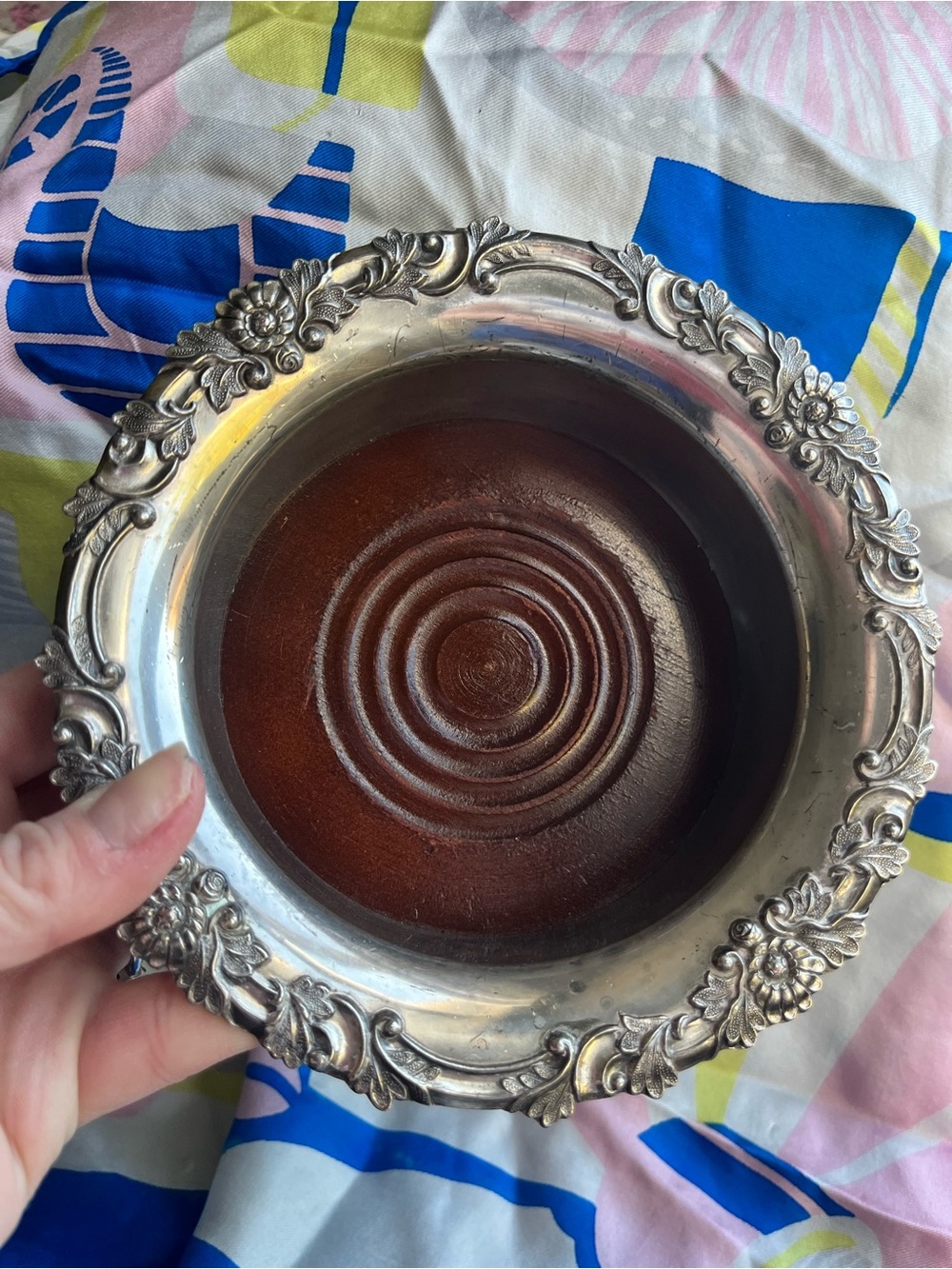 Antique Silver Plate with Walnut Engraved Bottom Wine Bottle Coaster